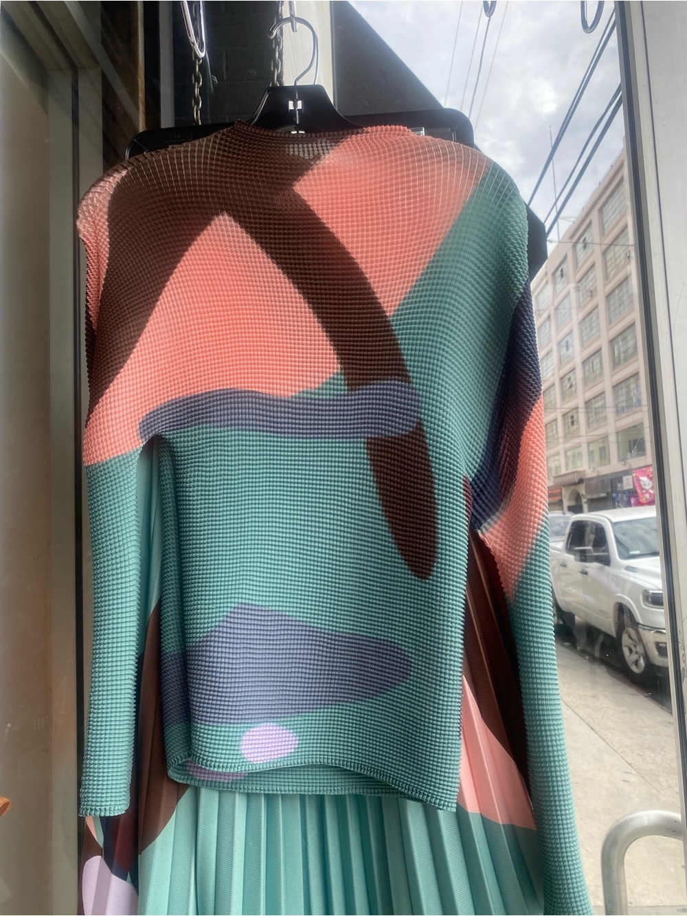 Women's Abstract Print Crewneck Sweater and skirt in Mint and Coral